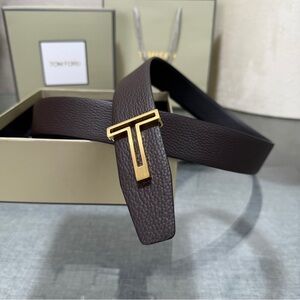Tom Ford Chocolate Leather Belt with Gold T Buckle